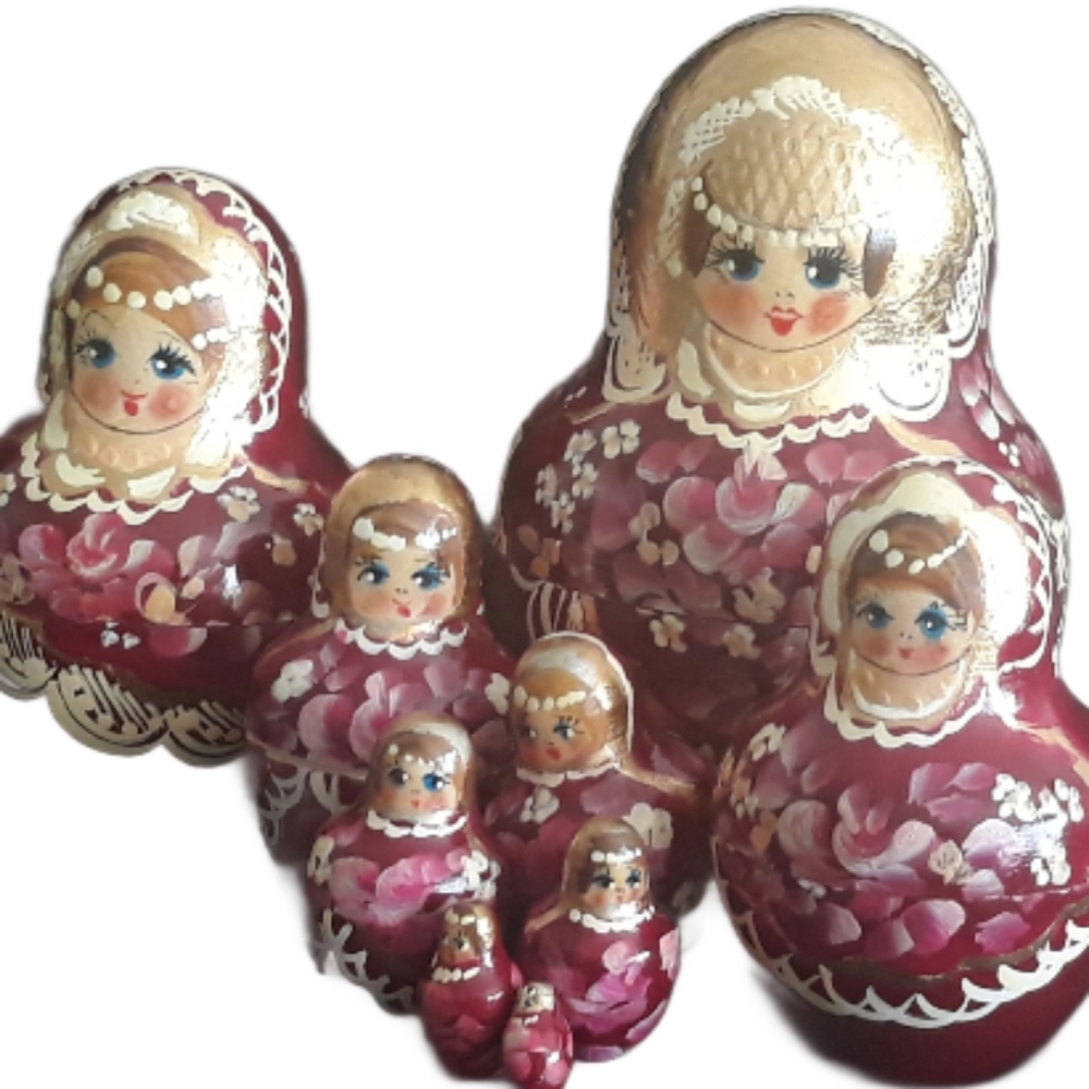 9 Piece Red Floral Russian Nesting Doll Wearing Golden Kokoshnik - Artist Signed